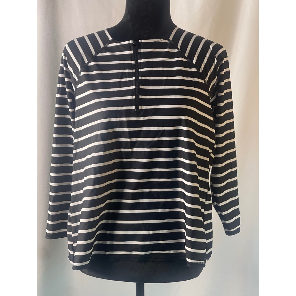 Kona Sol Womens 1X Rash Guard Black White Striped Quarter Zip UPF 50+ NWT